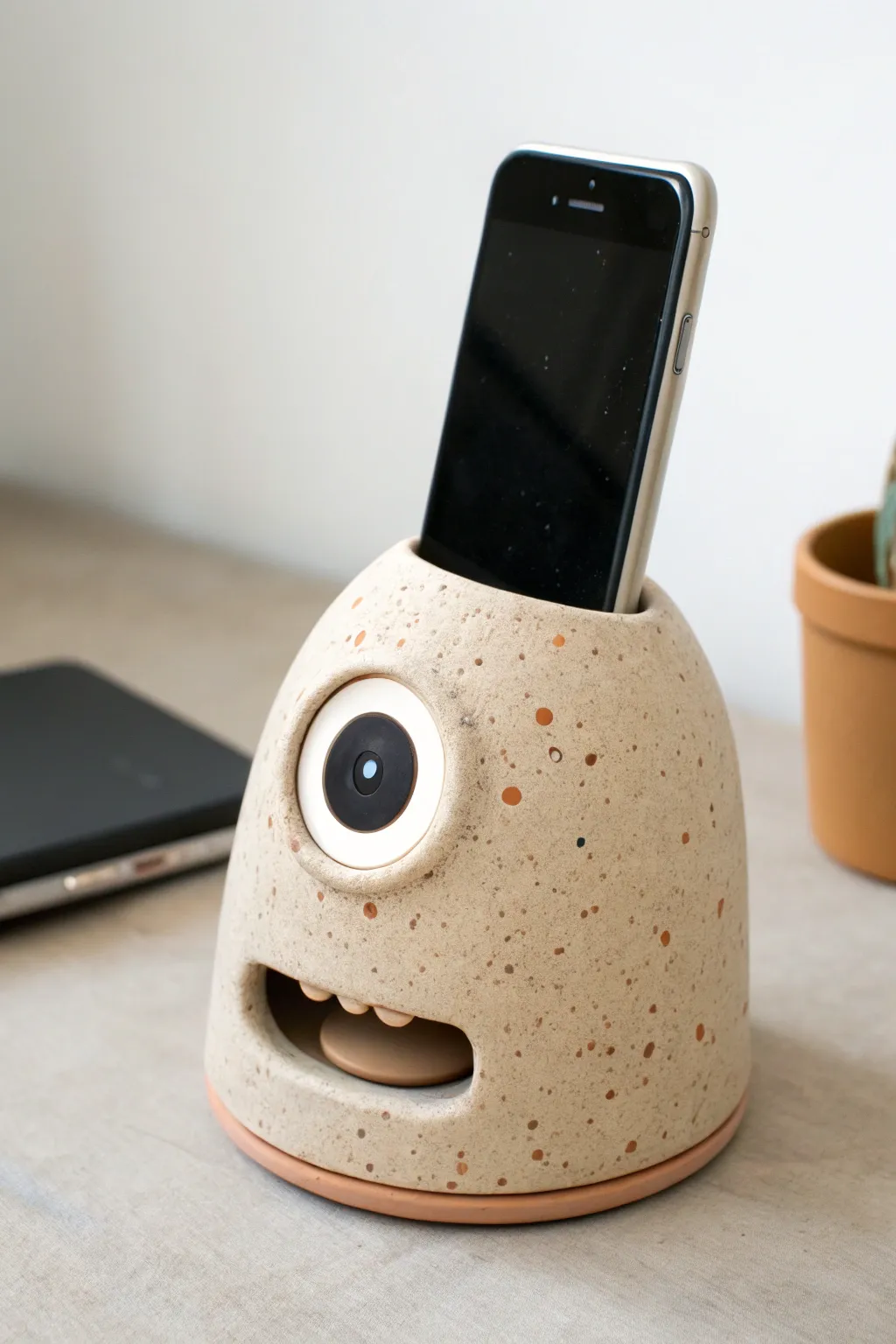 Playful one-eyed monster clay speaker with tongue dock that boosts sound and holds your phone