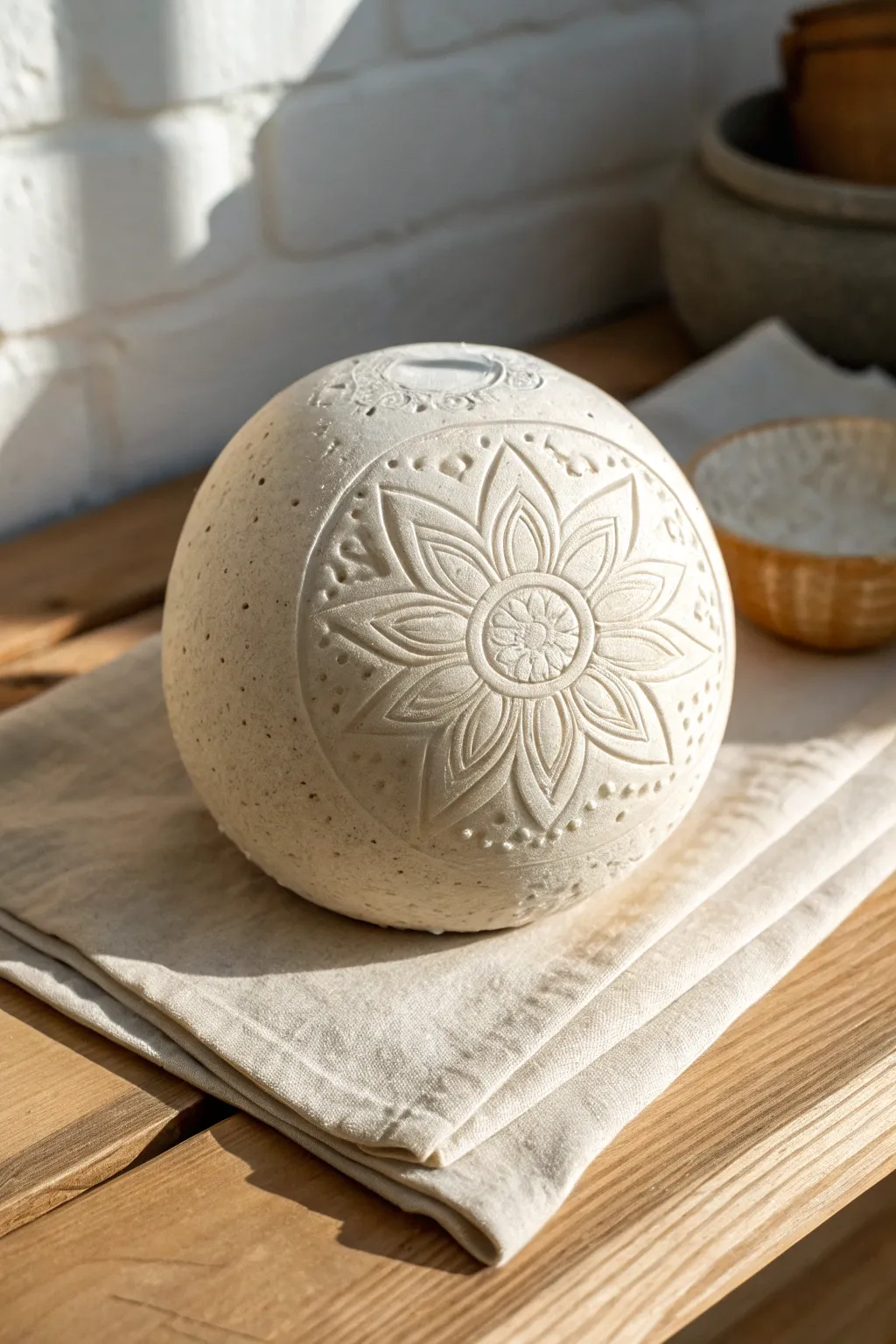 Carved mandala relief clay sphere with crisp side light for beautiful shadowed depth