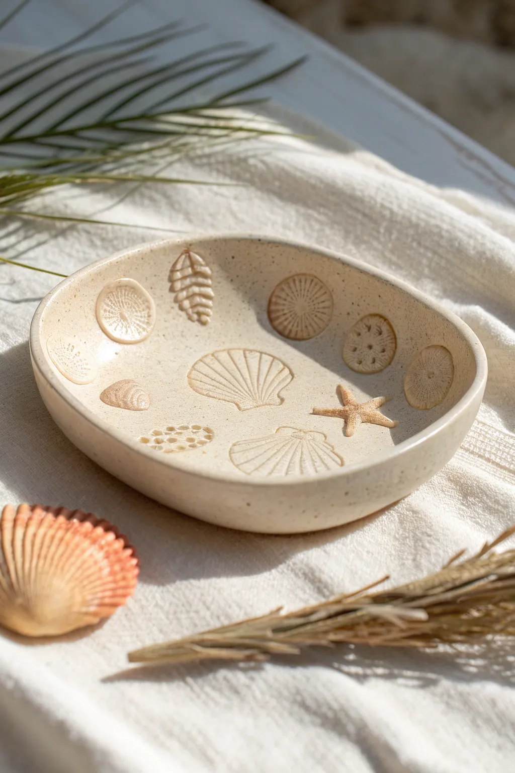 Sea-inspired clay stamp ideas with seashell impressions and a bold coral texture accent