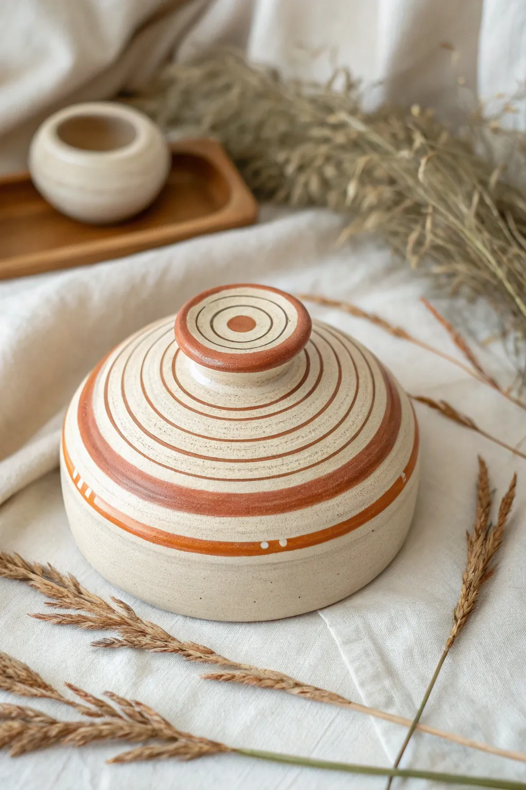 Spin illusion made simple: clay rings on a tiny wheel base with a centered mini pot, crisp and dreamy.