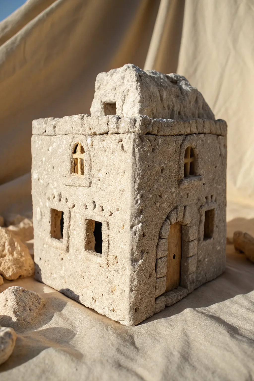 A carved clay ruin block with shadowy window cutouts and worn edges for an ancient feel.