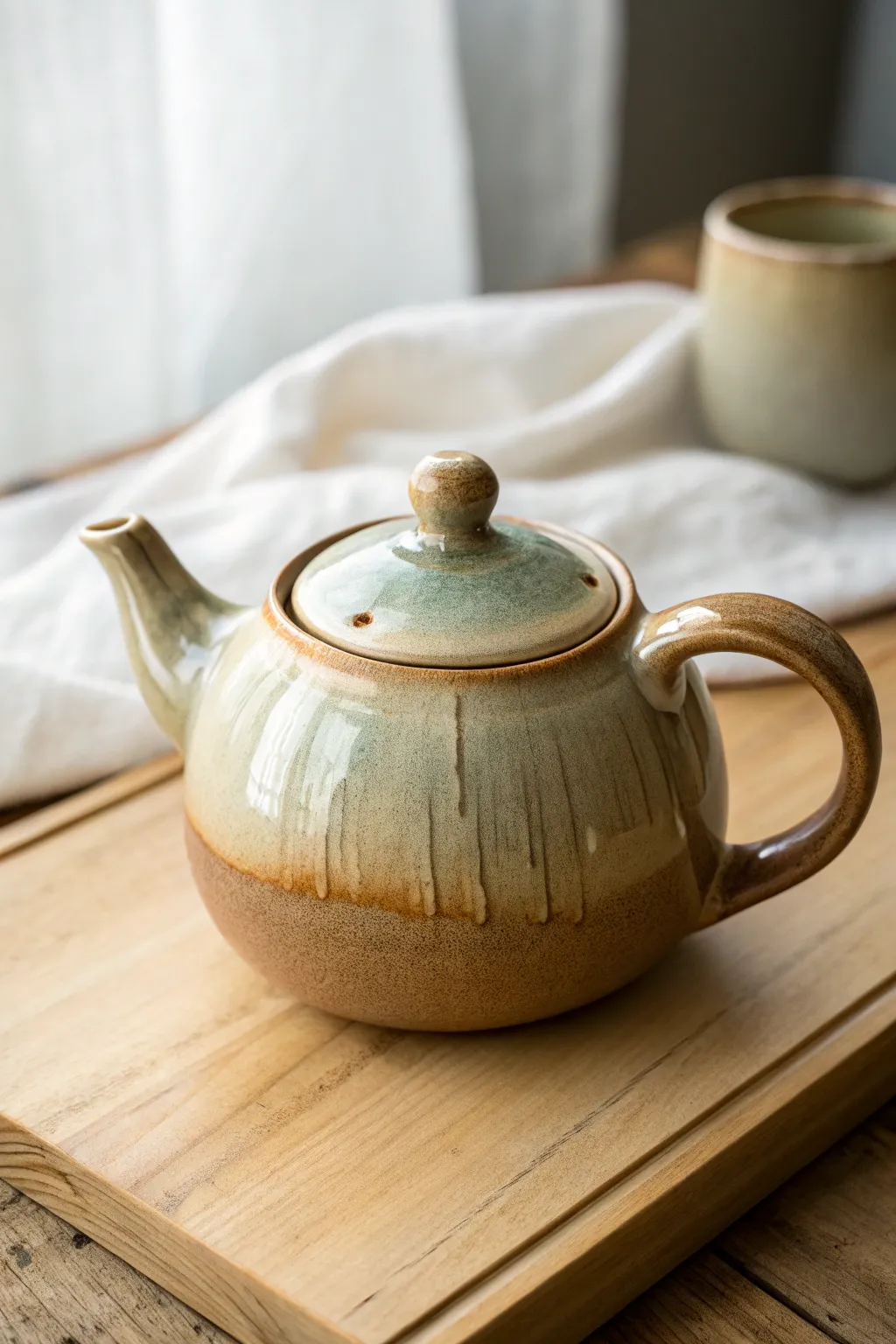 Rounded teapot with soft drippy reactive glaze in cream and sage for calm minimalist charm