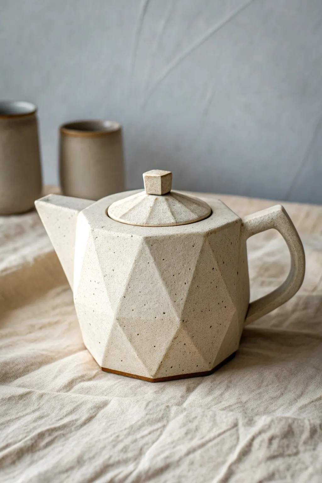 Minimal faceted teapot with crisp planes and a straight spout, calm Scandinavian boho contrast.
