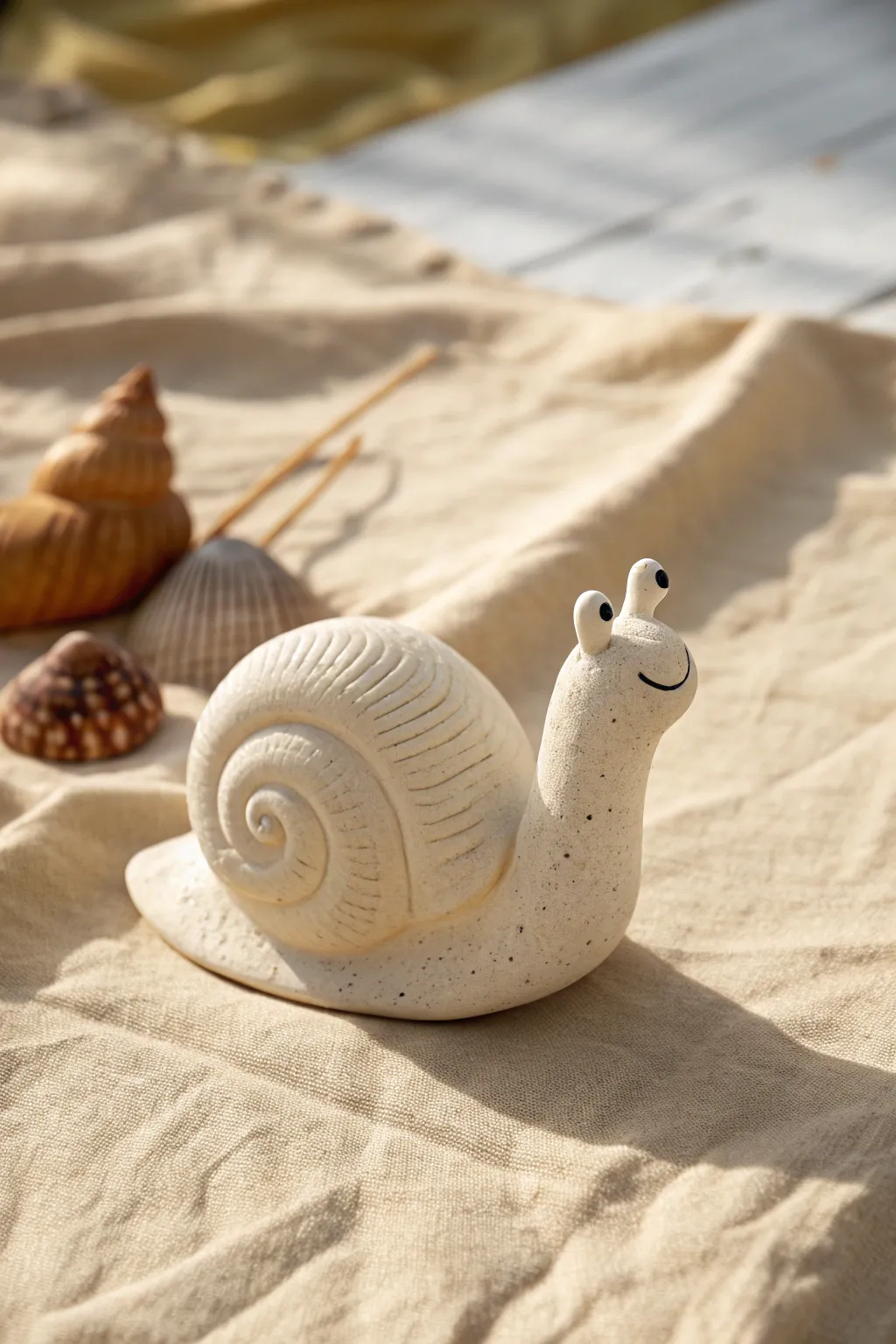 Handmade shell-backed clay snail with a simple smile, styled in calm Scandinavian neutrals.