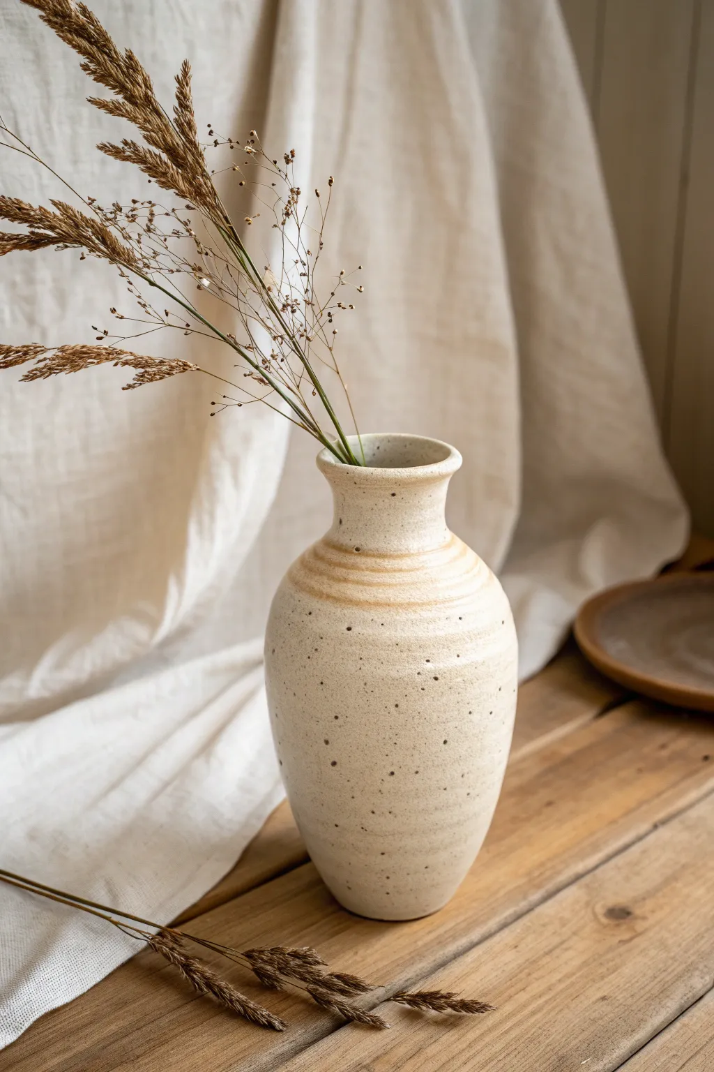 Soft oval wheel-thrown vase with a gently wavy rim for minimalist, handmade clay inspiration