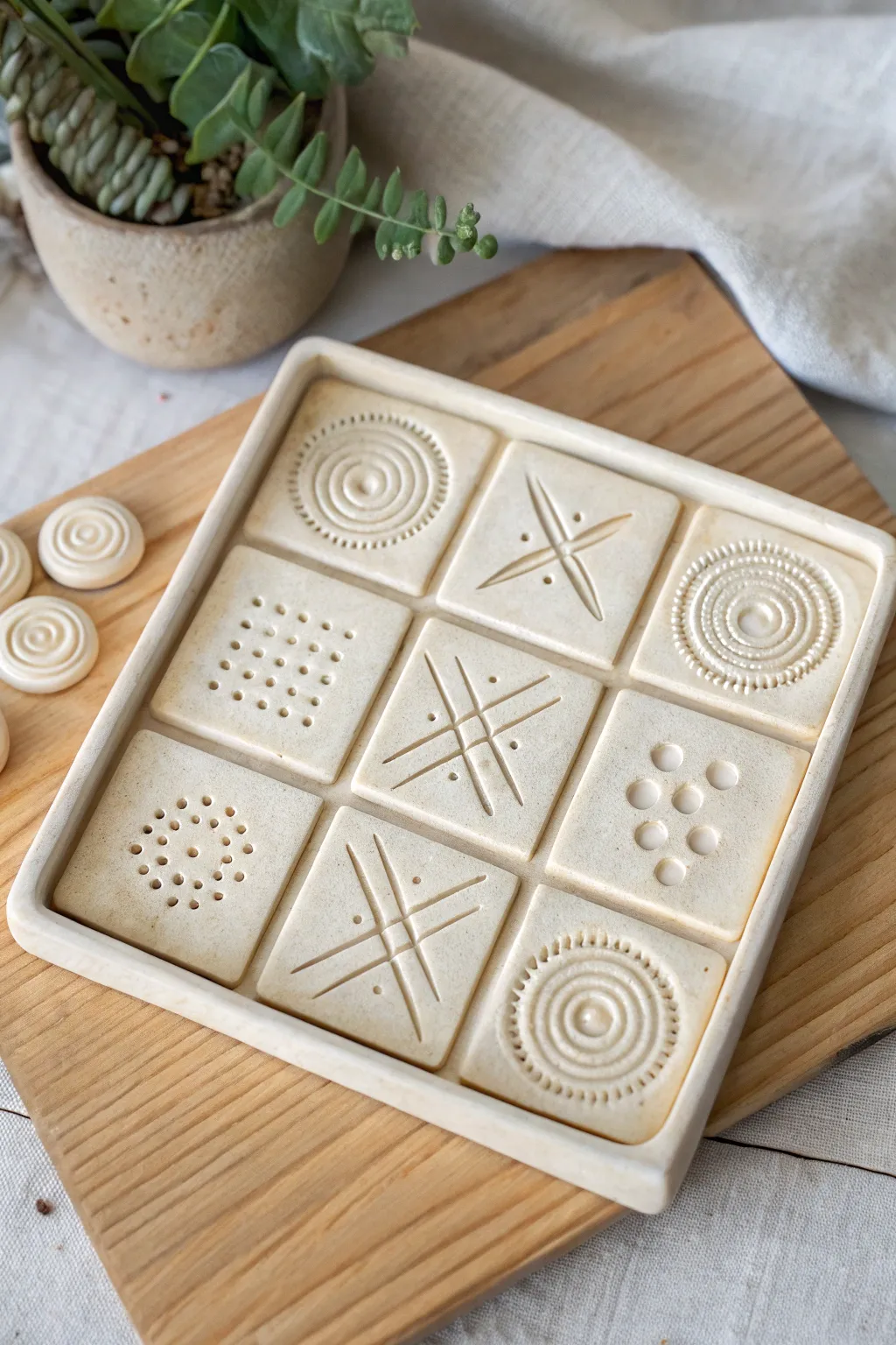 Textured clay tic tac toe board with nine unique carved squares and simple X and O pieces