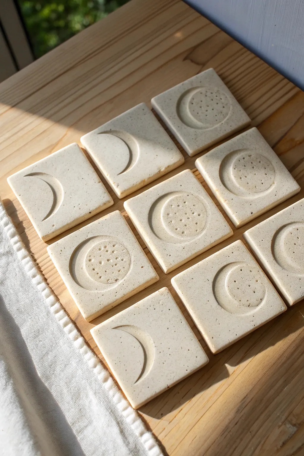 Minimal moon phase relief tile set in matte stoneware, soft linen styling and crisp shadows