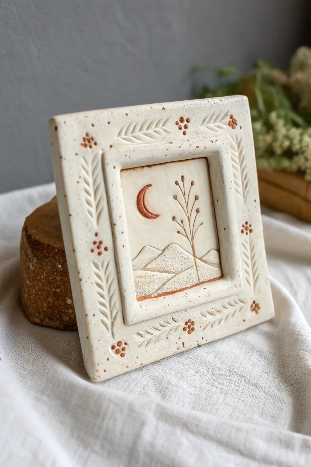 A framed clay tile window scene that adds calm, minimalist charm to any shelf or wall.