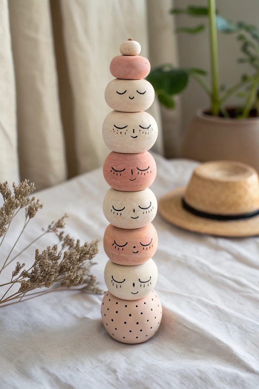 Whimsical face bead totem in soft neutrals, minimal lines, and cozy boho texture for your shelf.
