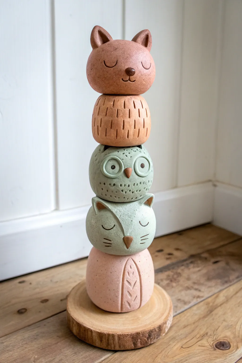 DIY-inspired clay family totem with four gentle animal symbols in soft earthy hues.