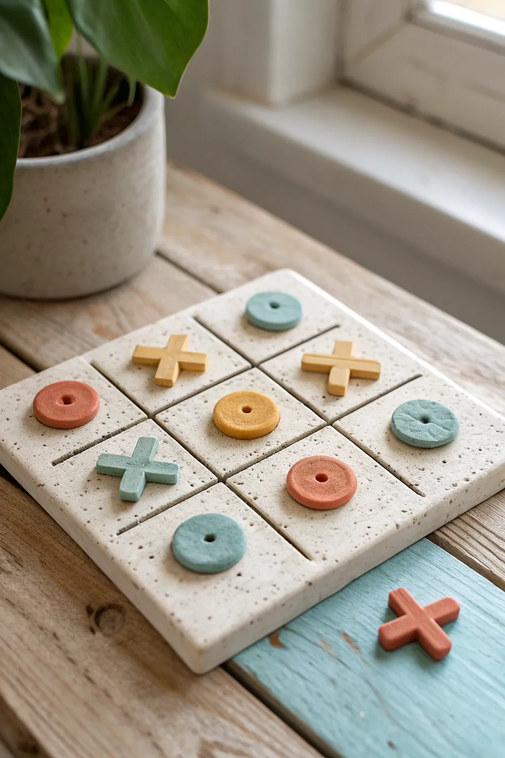 Mini clay tic-tac-toe set with colorful chunky pieces, a sweet handmade toy for playtime.