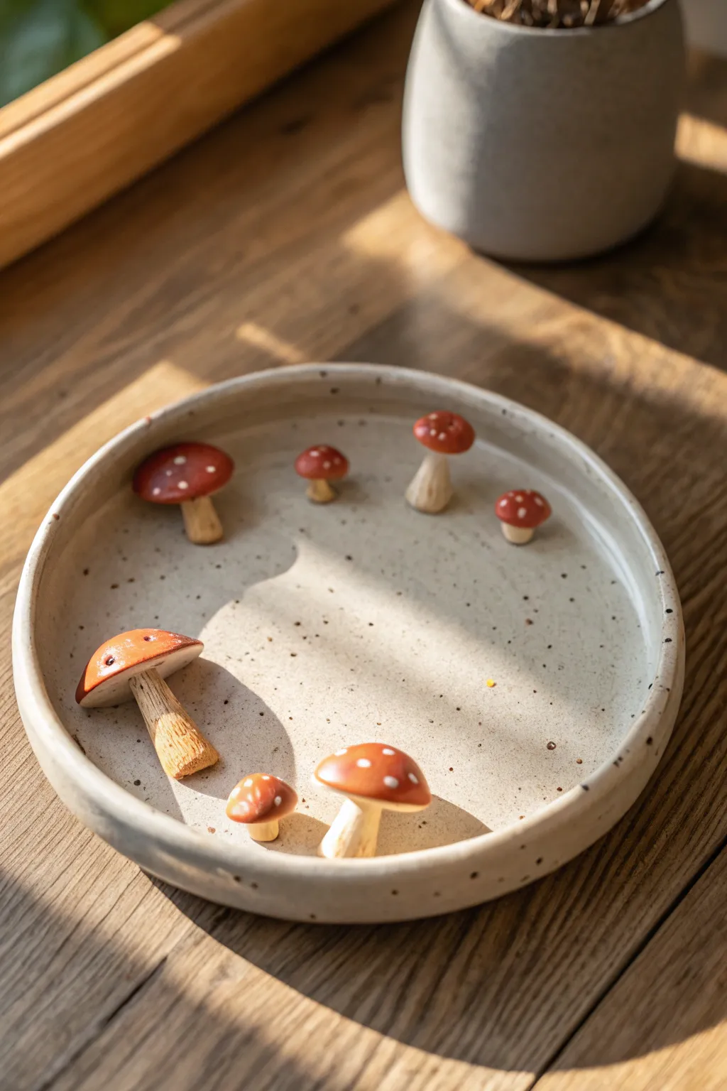 Mini mushroom trinket tray in warm sun, earthy reds and creams, perfect for a cozy dresser.