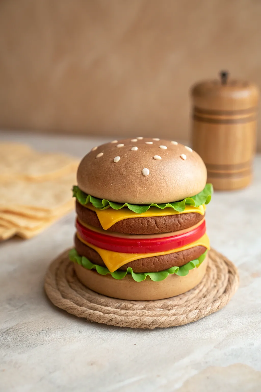 Hamburger stack trinket box with simple layered textures and a clean, minimalist clay finish