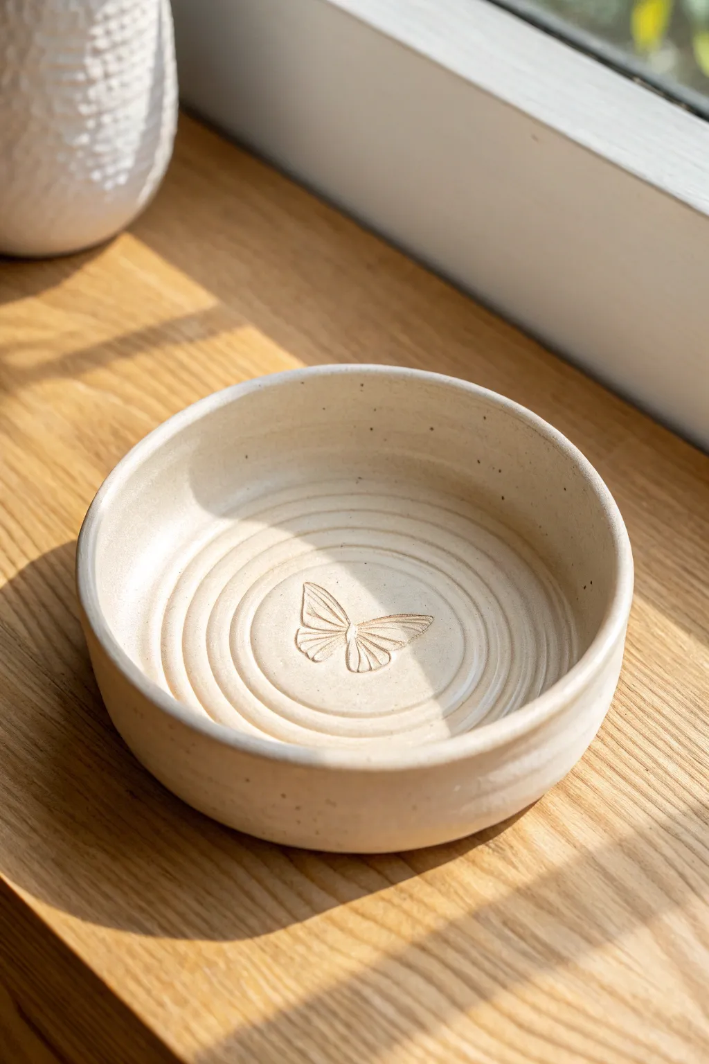 Minimal clay trinket dish with a crisp butterfly decal and soft rings, calm Scandinavian warmth