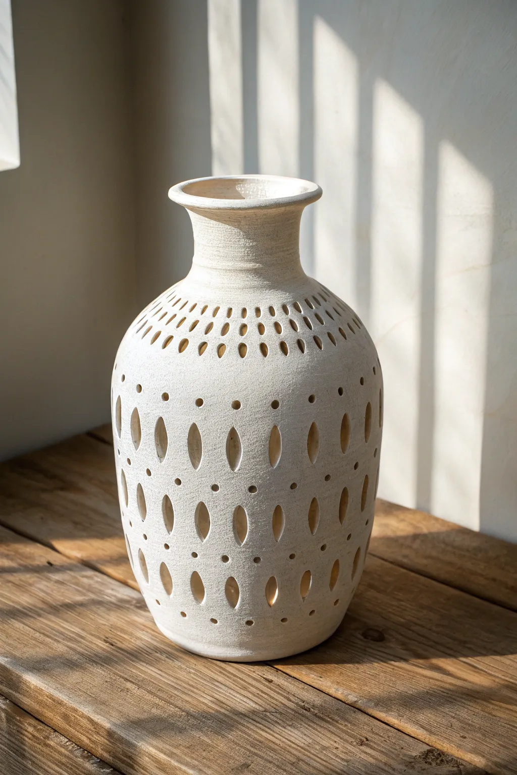 Cut-out lantern vase pattern that glows in backlight and casts crisp minimalist shadows.