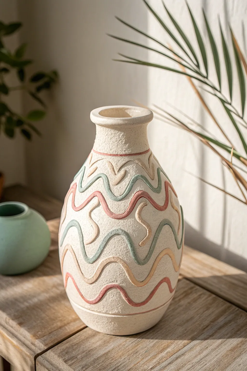 Playful matte clay vase with pastel raised noodle squiggles, minimalist styling and bold contrast.