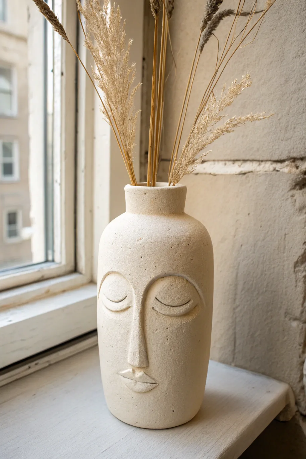 Minimal sculpted face vase with matte finish and tall stems for a calm, gallery-ready look