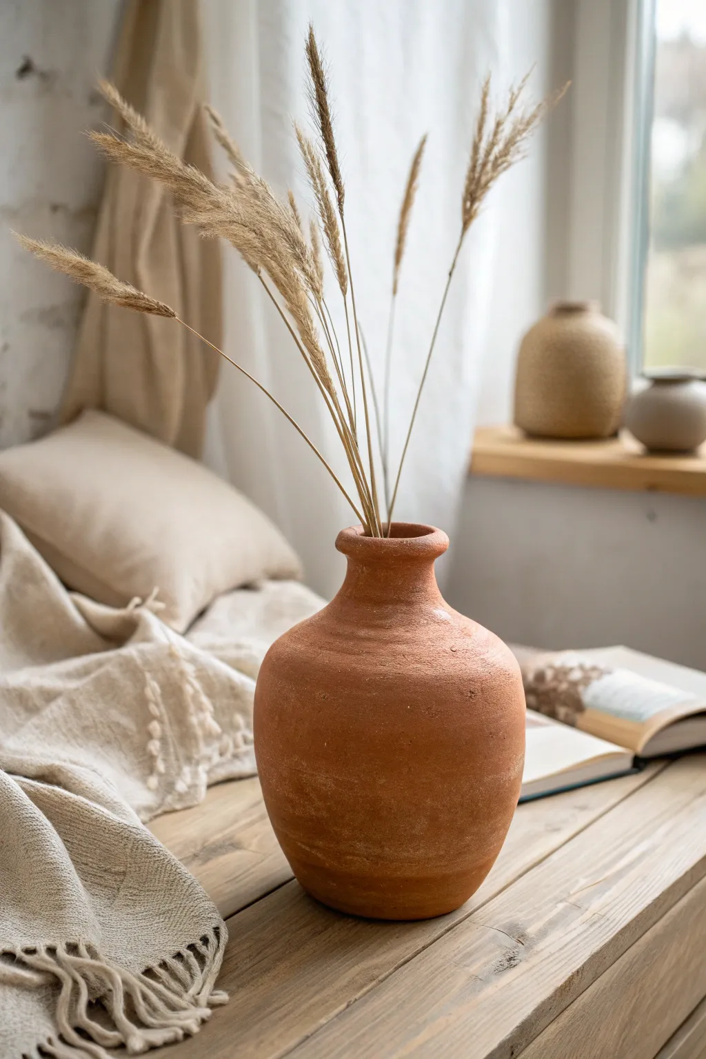 Easy faux terracotta air-dry vase with pampas stems, minimalist boho styling and warm contrast.