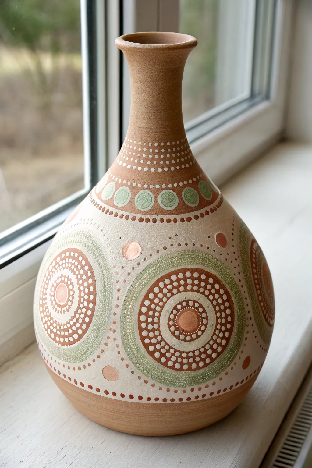 Mandala dot clusters on a rounded clay vase, softly layered colors with calm Nordic-boho contrast