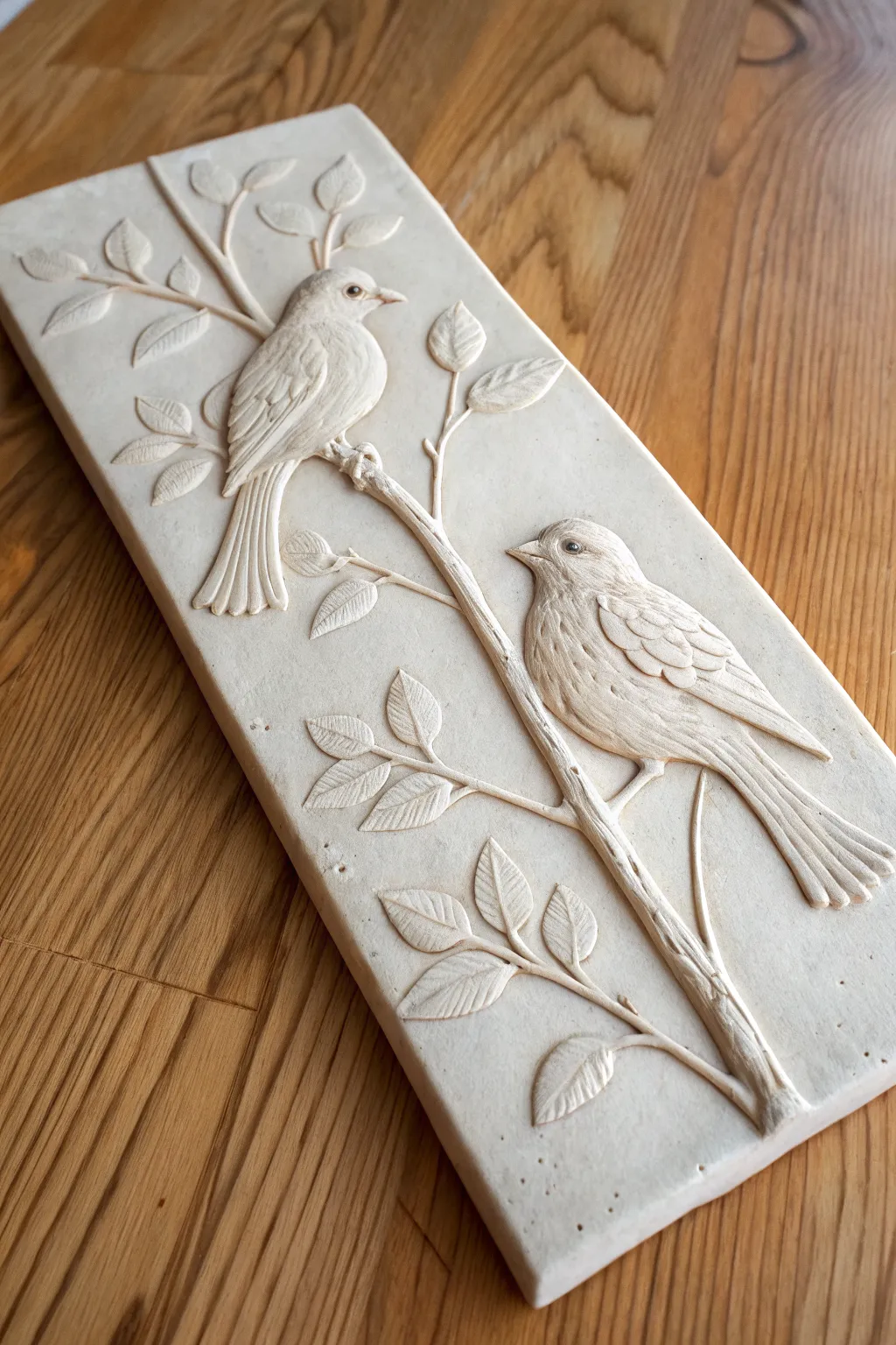 Minimal clay relief plaque with birds on a branch, matte finish, calm Scandinavian boho vibe