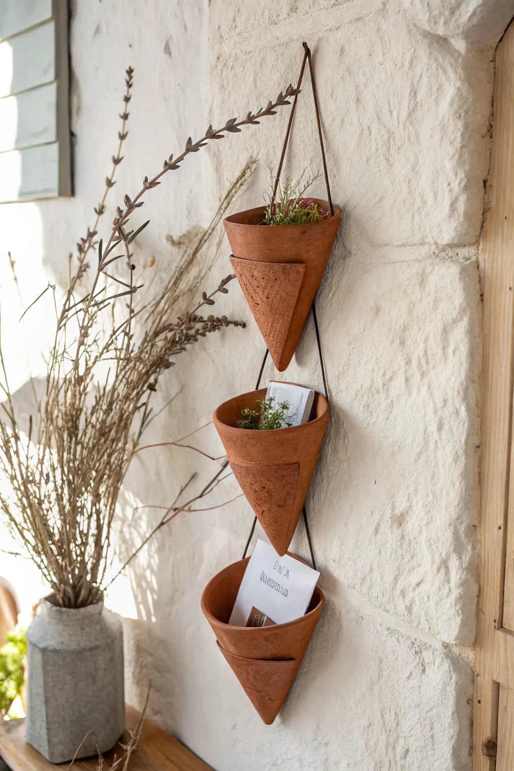 Triple mini clay wall pockets grouped together, styled with a stem, air plant, and blank card