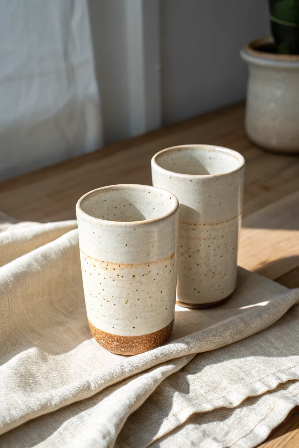 Crisp faceted wheel-thrown tumblers that catch the light beautifully in a calm, minimal setting
