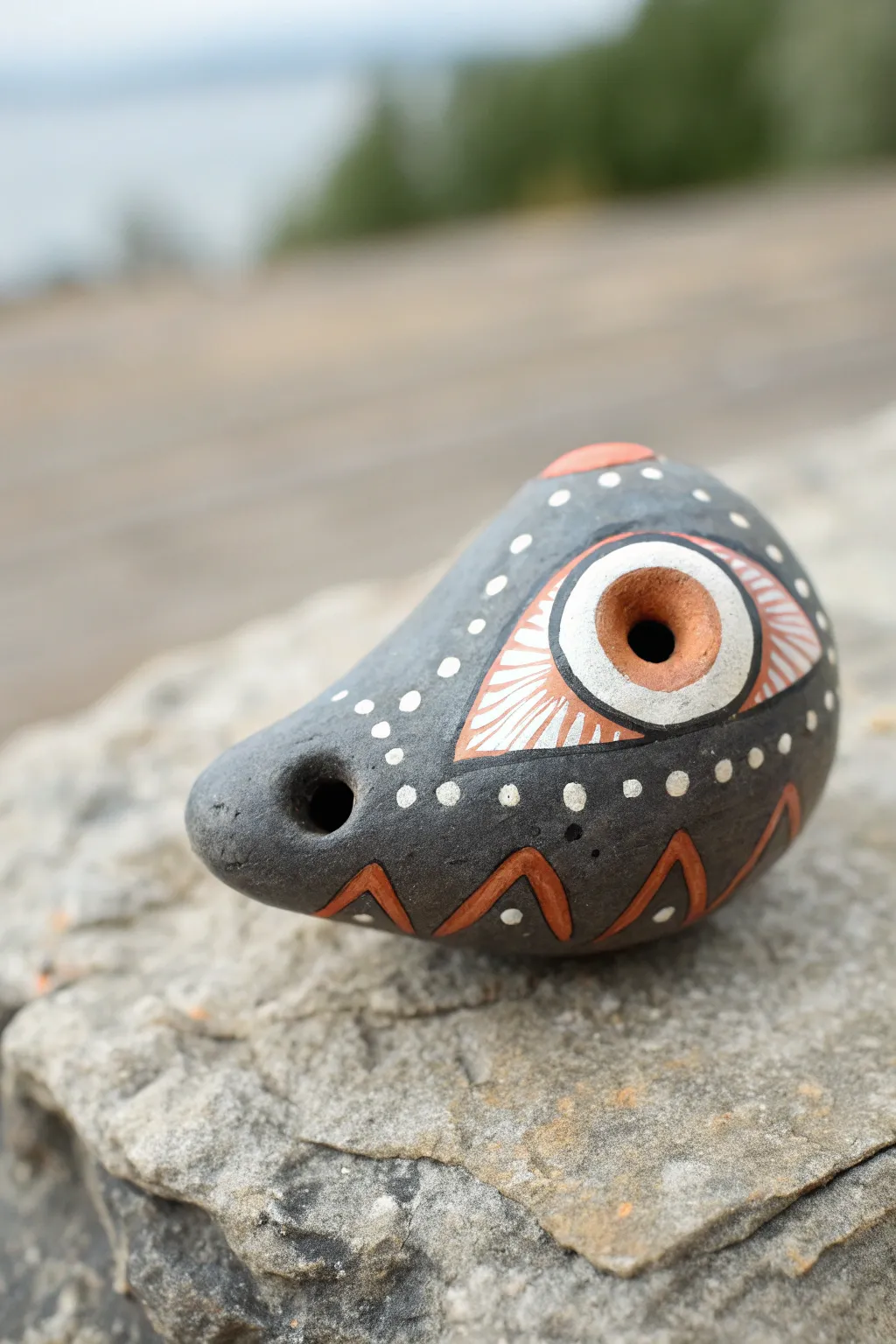 One-eyed clay monster whistle with bumpy texture, bold contrast, and cozy minimalist style