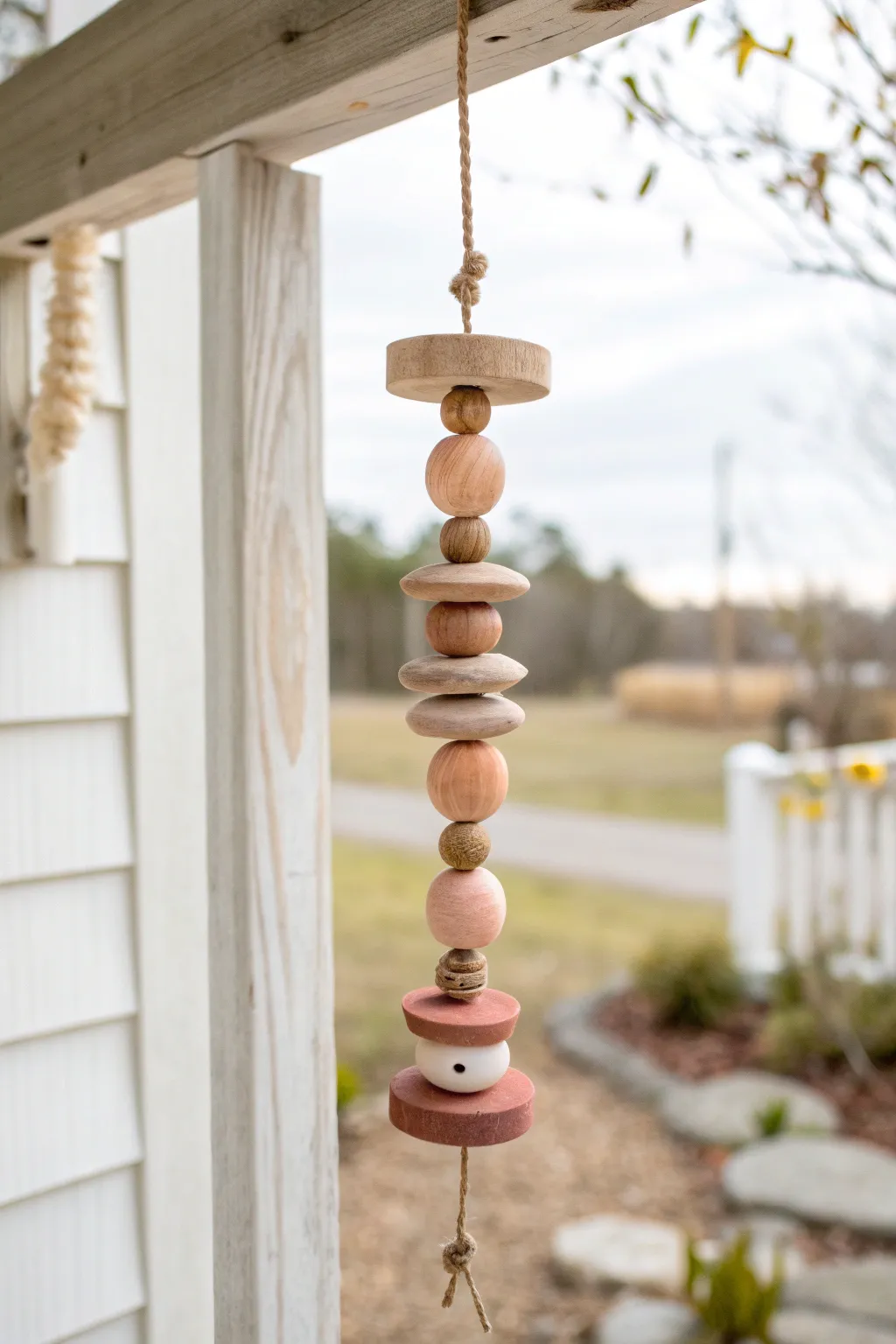 Minimal stacked clay totem wind chime in soft ombré tones, perfect for porch corners