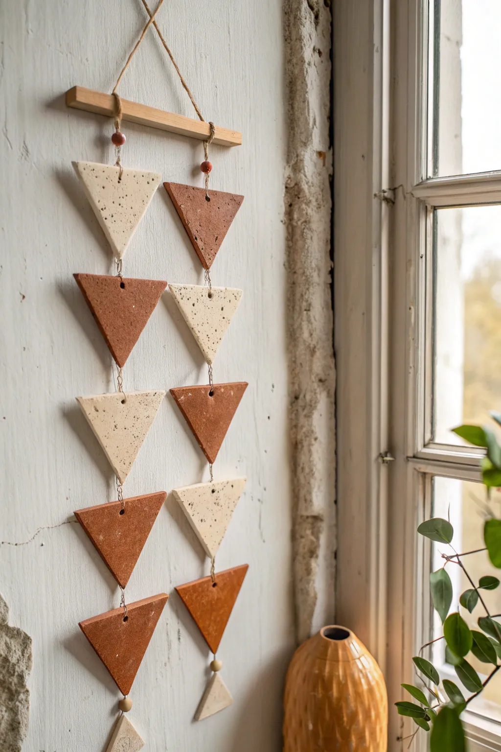 Geometric clay wall tiles in earthy tones, simple triangles and arches for calm boho minimal decor