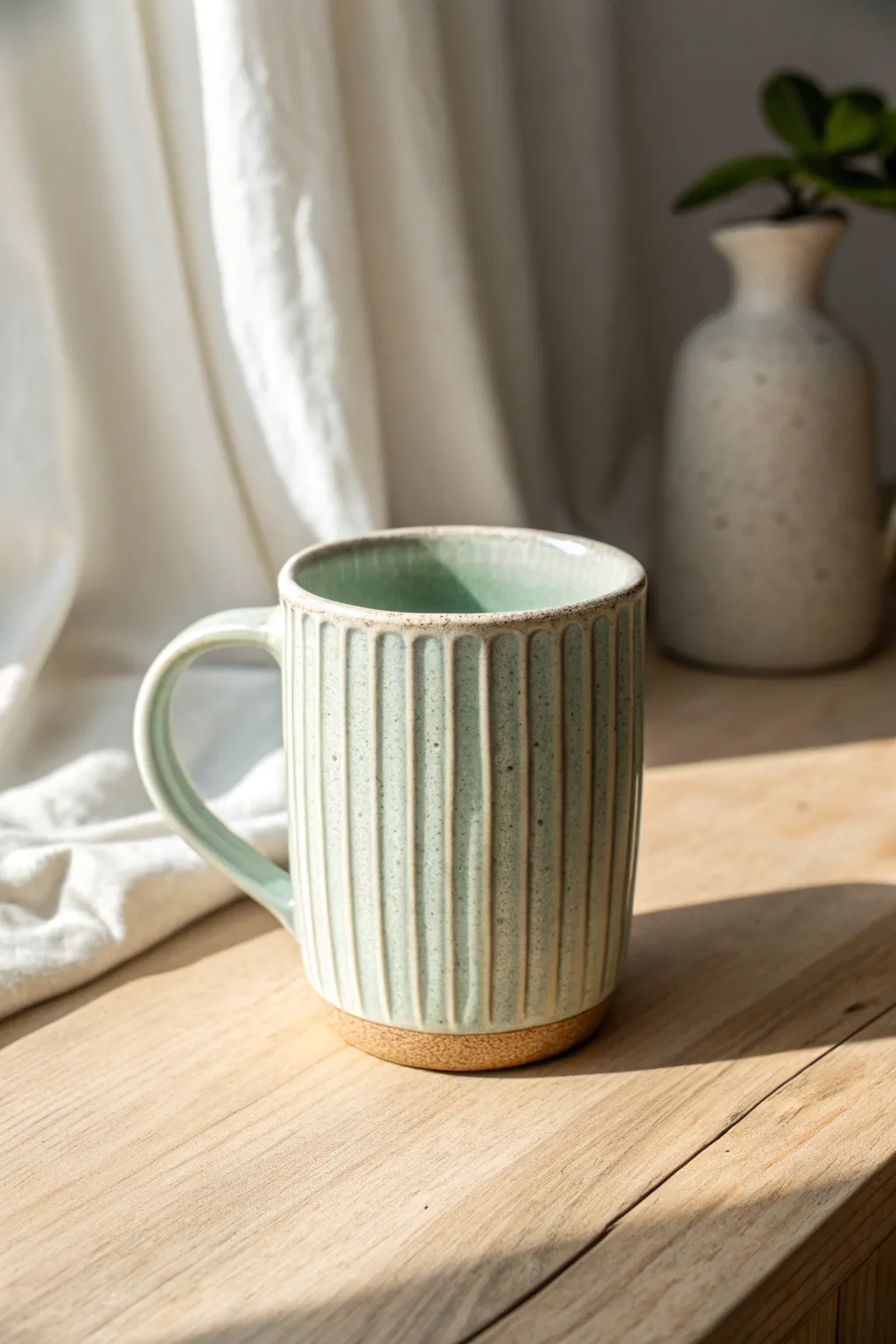 Fluted mug with translucent glaze pooling in grooves, creating soft shadows and depth