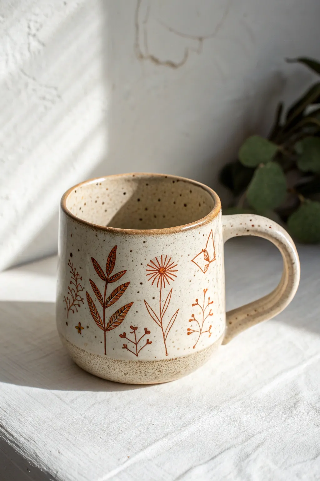 Minimal stoneware mug with Mishima inlay doodles, perfect coffee mug design inspiration.