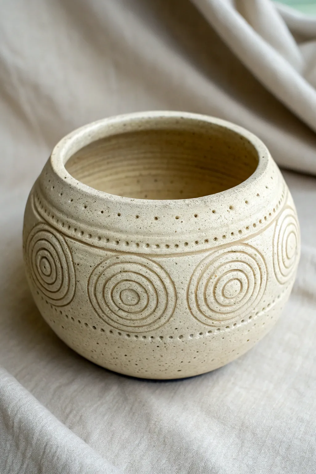Carved coil bands add calm rhythm to this minimalist pinch pot, simple and beautifully handmade.