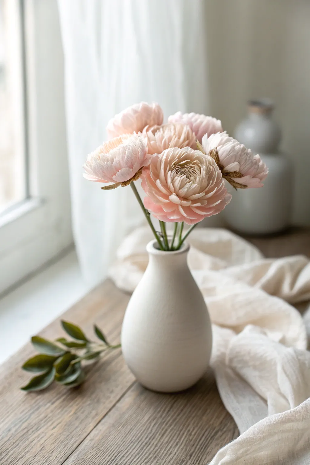 Translucent cold porcelain blooms in a simple vase for an airy, minimalist boho centerpiece.