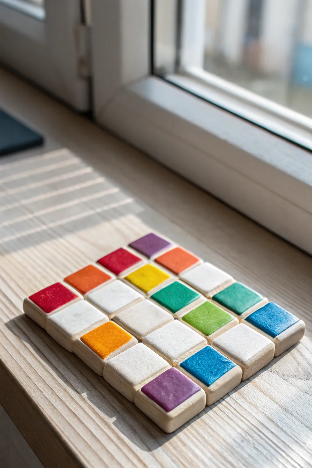 Rainbow checkerboard clay tiles on light wood, minimalist styling with vibrant contrast