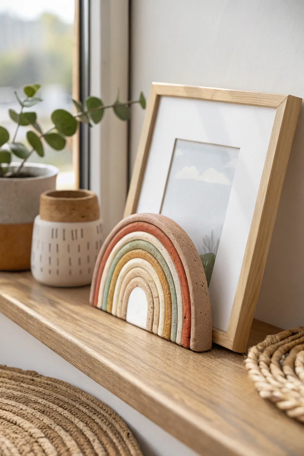 Muted earth-tone clay rainbow decor adds a cozy boho touch to minimalist shelves