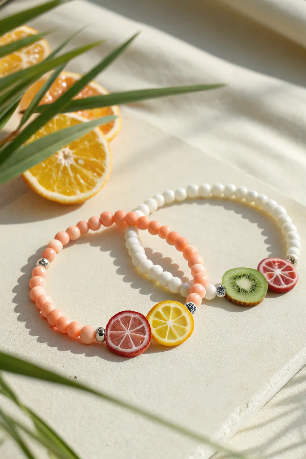 Mini fruit-slice clay beads for a bright, summery bracelet with clean Scandinavian charm