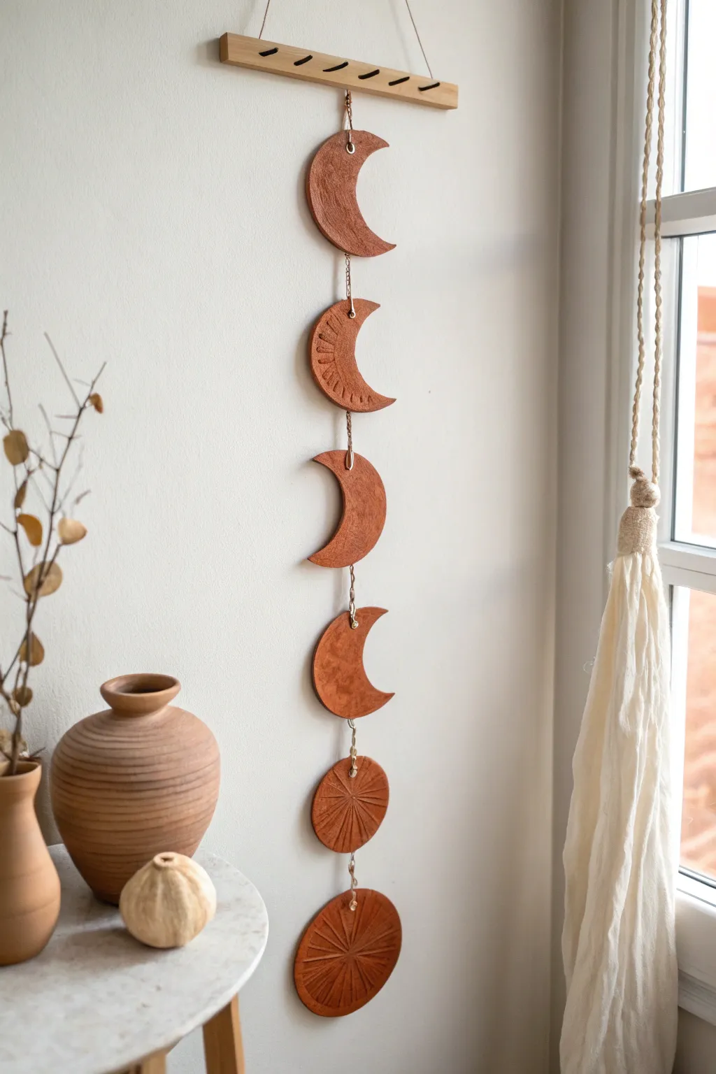 Minimal clay moon phase wall hanging for a calm boho Scandinavian vibe in your home