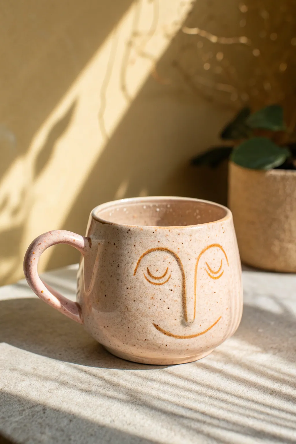 Minimalist face mug with simple eyes and a playful smile, glazed in cheerful peach tones.