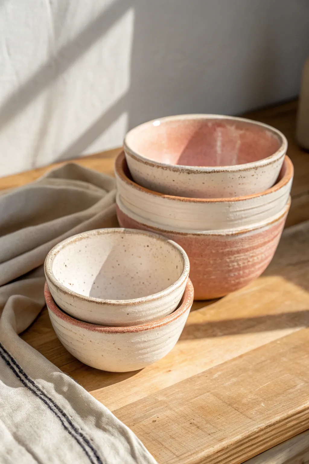 Nesting pinch pot bowls in soft earth tones, a simple trio that elevates any cozy table.