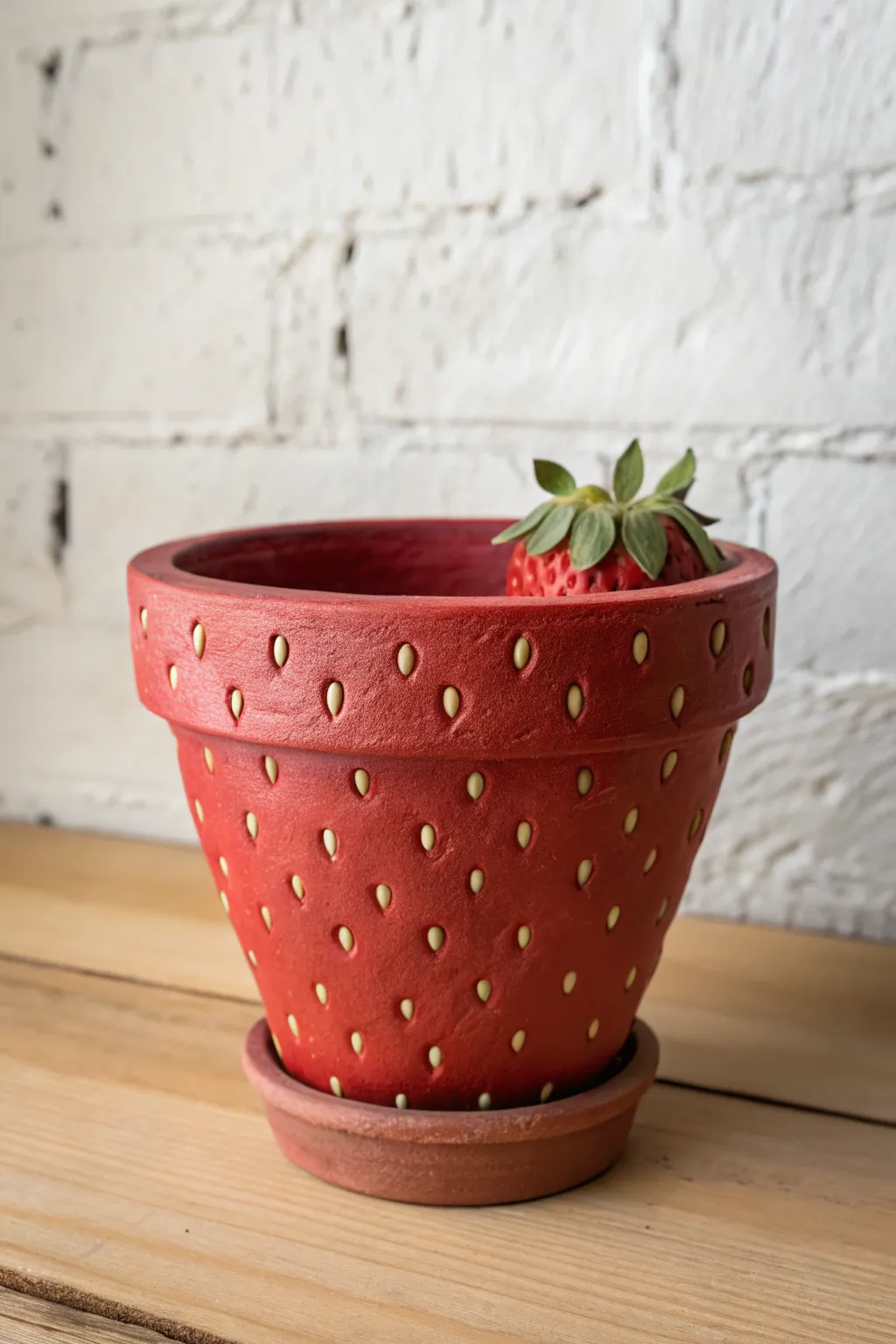 Strawberry disguise terracotta pot turns a simple planter into a playful Scandinavian boho accent.