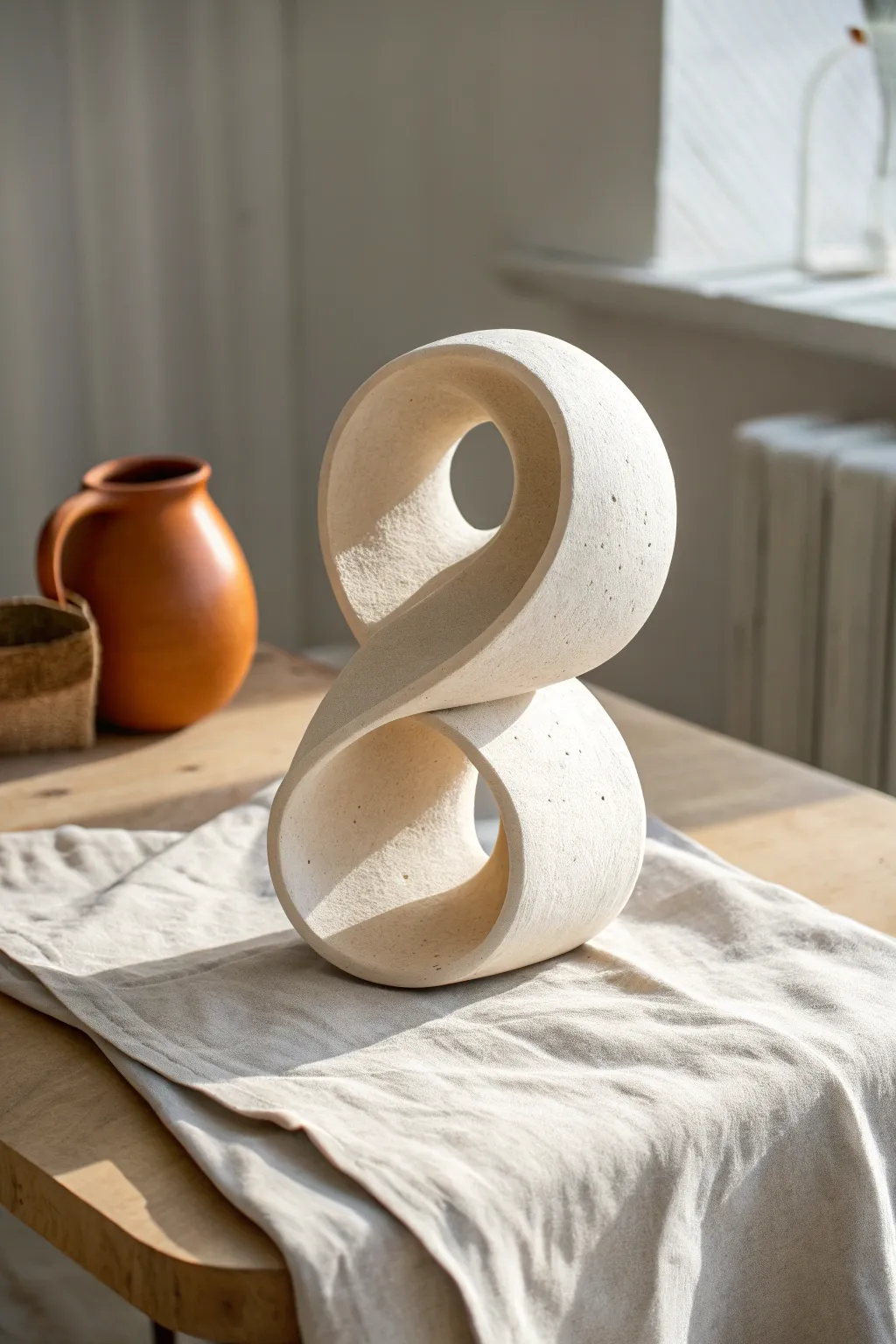 Minimalist wave clay sculpture with clean negative space, soft shadows, and a modern boho vibe