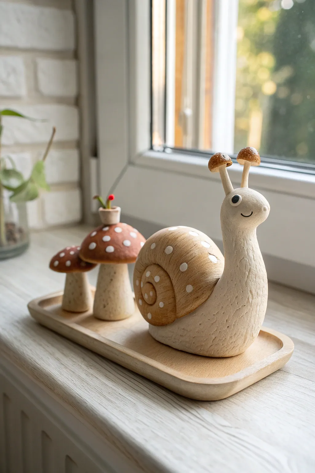Cute mushroom-cap slug friend, an easy clay sculpture idea with cozy Scandinavian boho vibes.