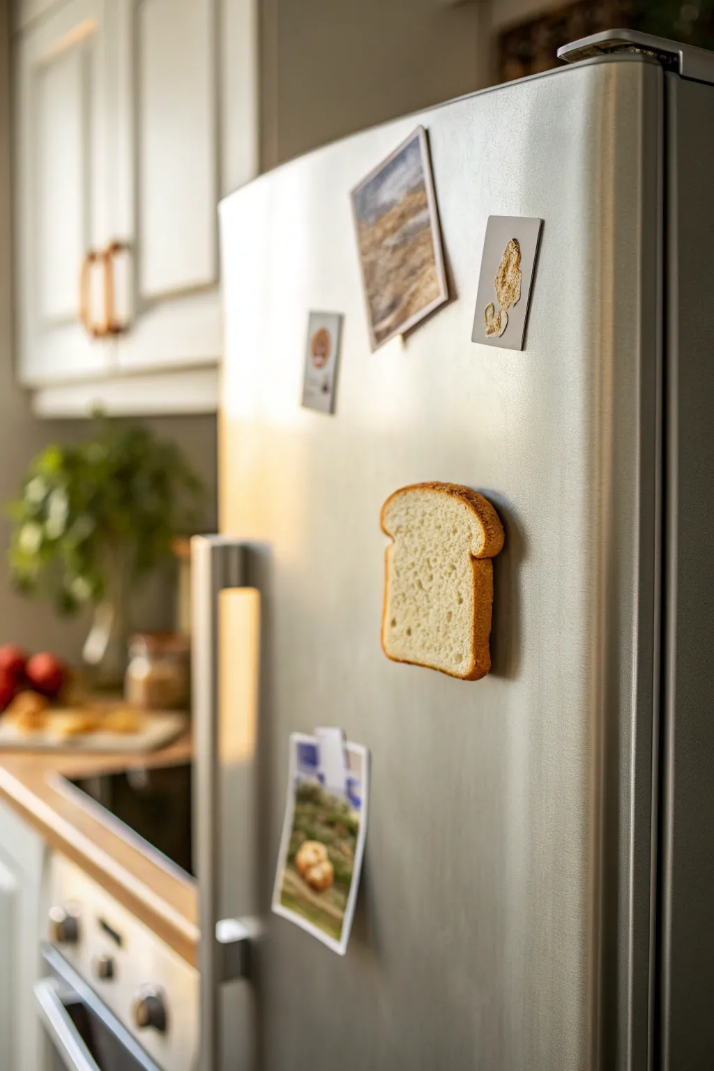 Tiny polymer clay toast magnet on a stainless fridge, minimalist Scandinavian styling, cheerful detail.