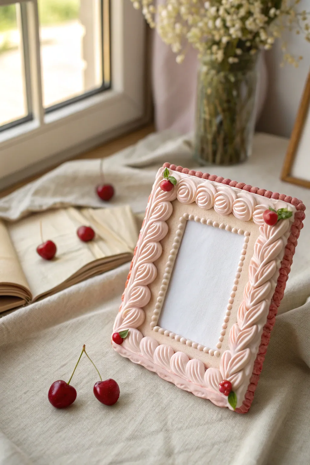 Coquette clay frame with icing-like piping and tiny cherries, styled minimal and softly lit.