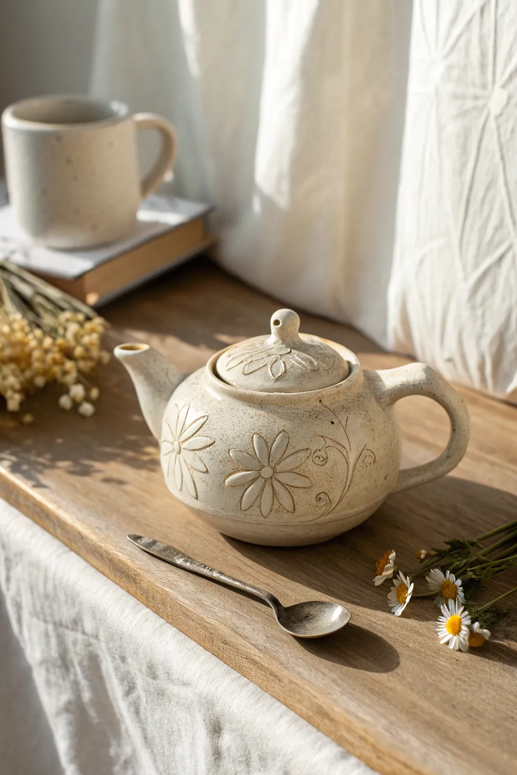 Dainty clay mini teapot trinket with chamomile and teaspoon for cozy cottagecore tea vibes