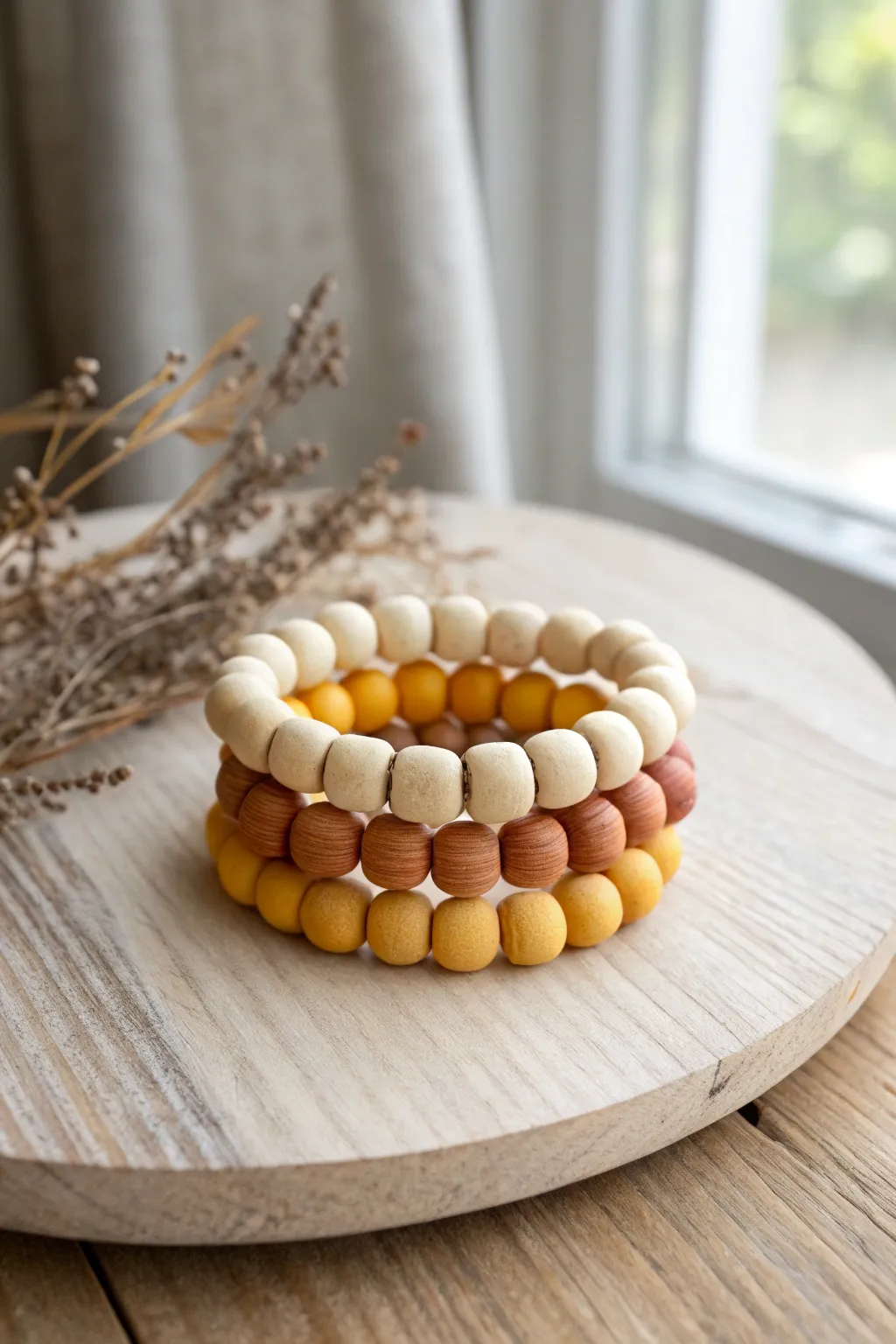Sunflower yellow clay bead bracelet stack with creamy neutrals and warm browns for cozy country charm.
