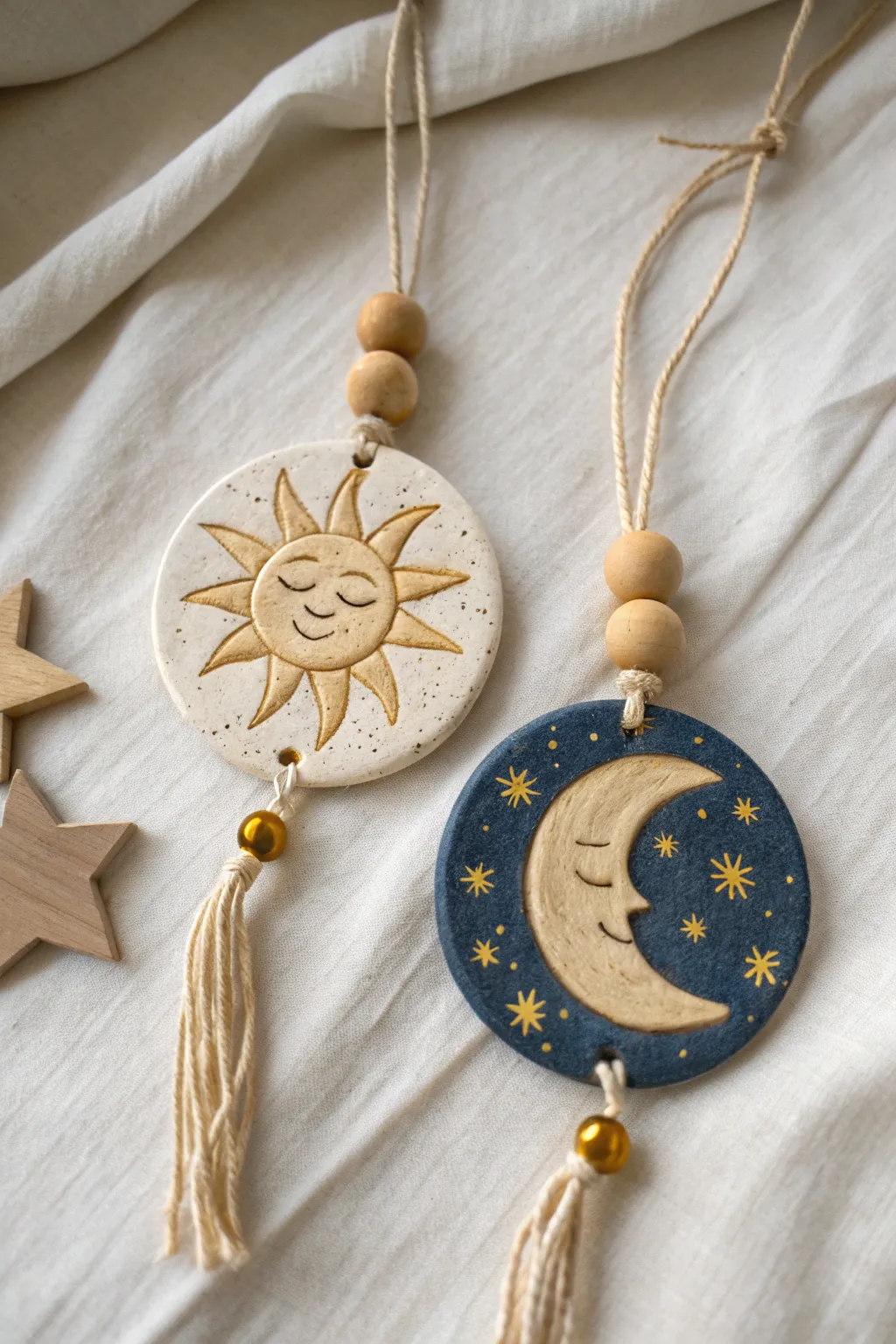 Matching sun and moon clay wall charms in soft gold and deep blue, simple and dreamy.