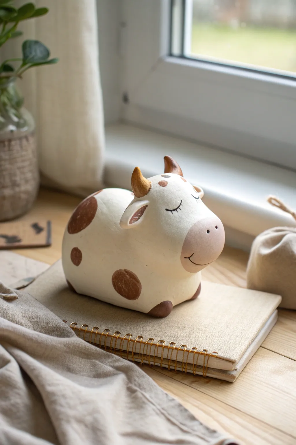 Sleepy clay cow desk pet in cozy minimalist style, a cute finished piece for your workspace
