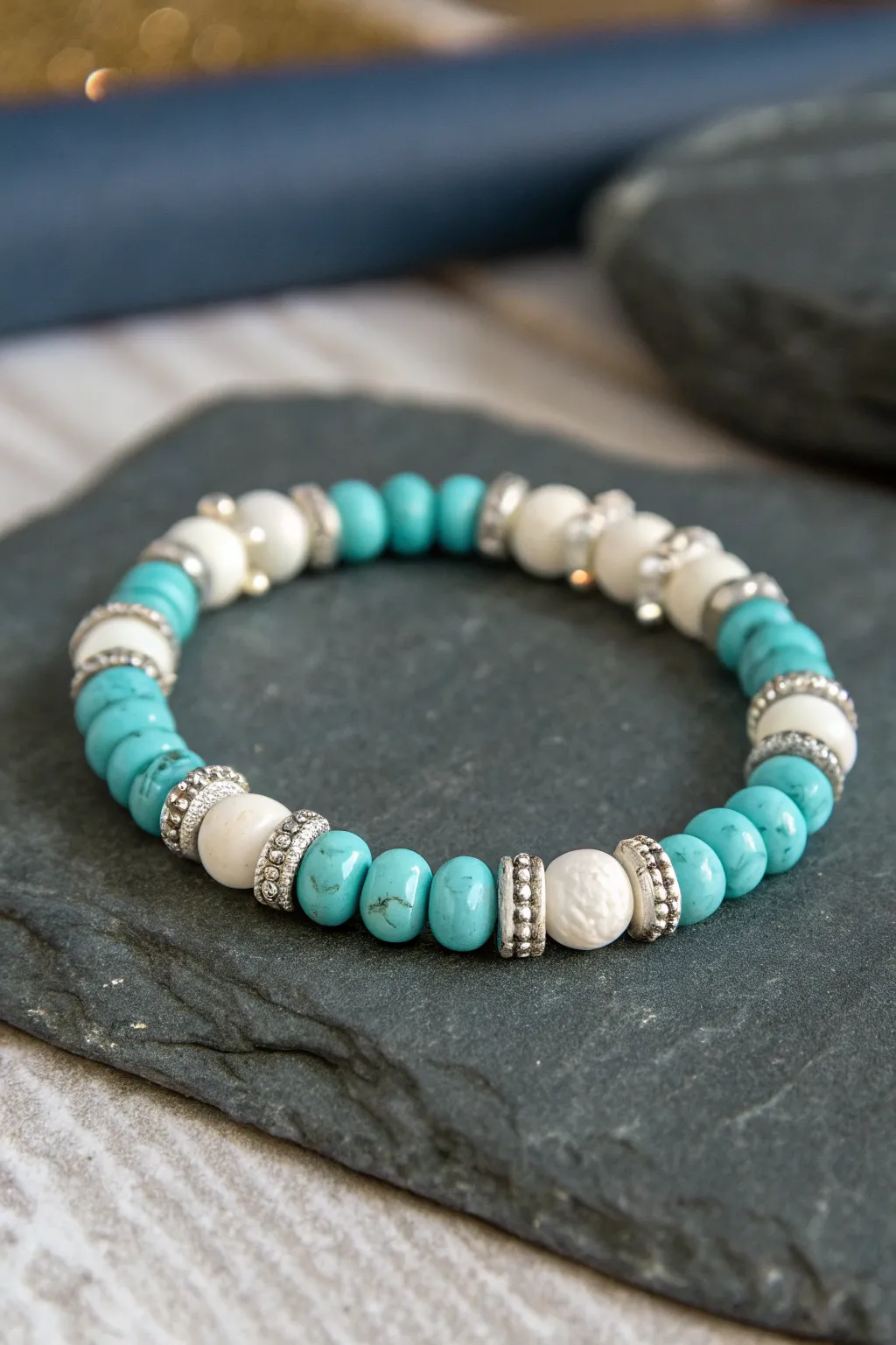 Turquoise and white clay disc bracelet with silver rhinestone spacers for cowgirl sparkle
