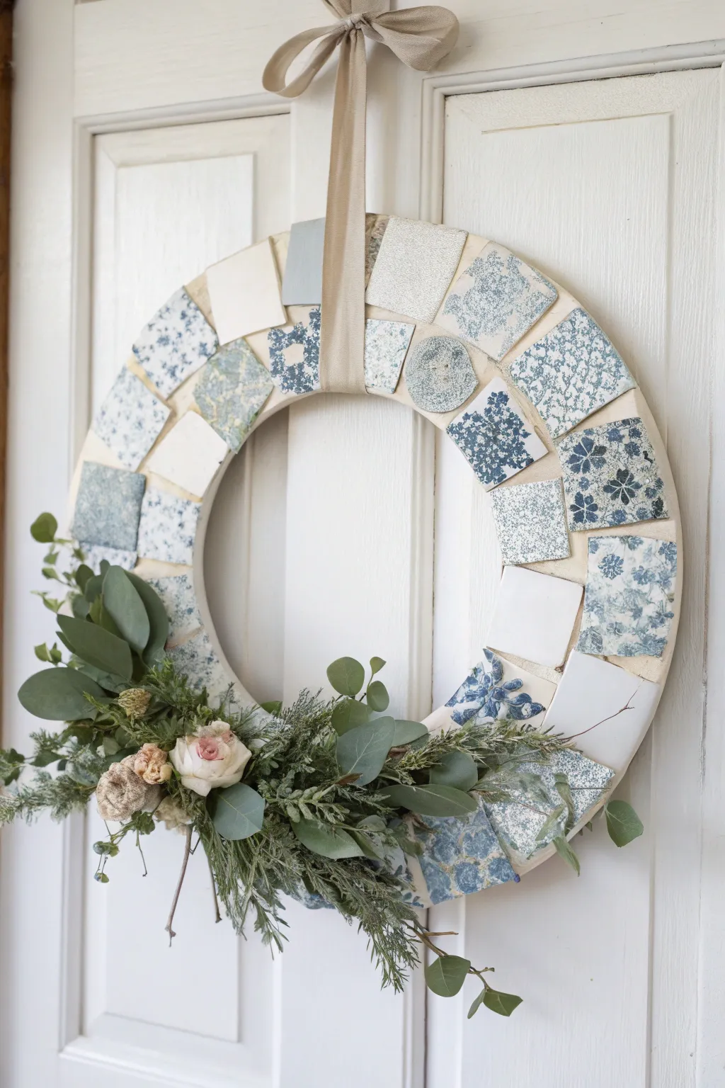 Minimal mosaic wreath made from broken china plates, softened with linen ribbon and greenery